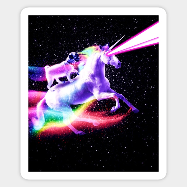 Space Pug On Flying Rainbow Unicorn With Laser Eyes Sticker by Random Galaxy